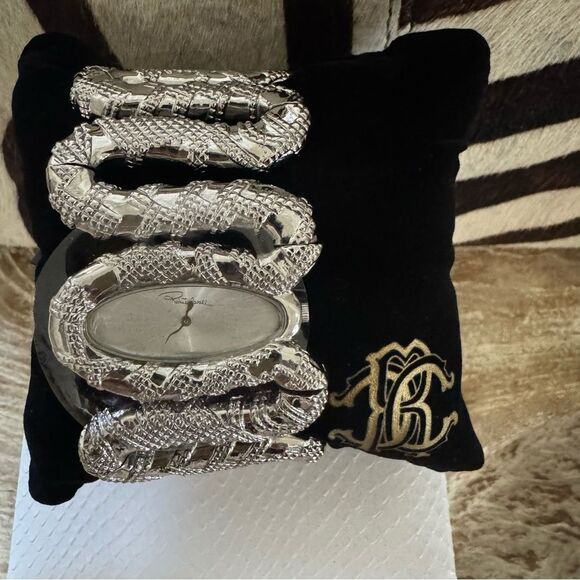 NEW Roberto Cavalli Gray Cleopatra Snake Enamel Silver Oval Dial Watch main image 5